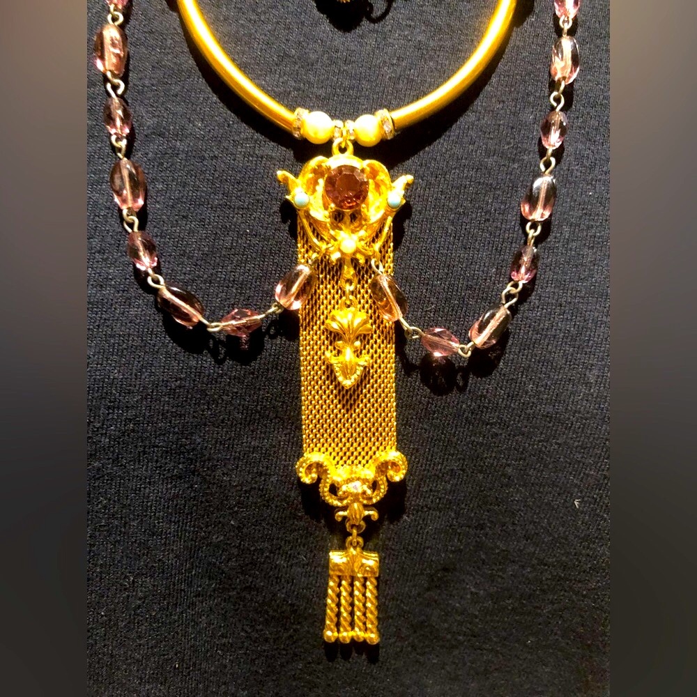 Handcrafted unique watch fob necklace Gold filled fob-amethyst, pearl turquoise - Picture 4 of 12